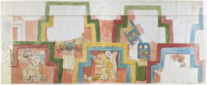 Aquarellkopie der Stuckfassade des Tempels auf der Pyramide in Acanceh, Vollmaßstab, zwei Reihen von Figuren innerhalb eines gestuften Rahmens, Figuren 1-5