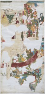 Aquarell auf Leinenpapier, Abzeichnung eines Wandgemäldes aus einem Gewölbe in einer großen Kammer in Casa de Monjas, Chichen Itza, Mexiko von Adela Breton