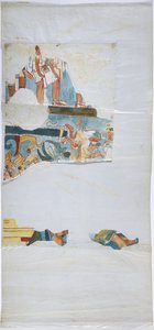 Aquarell auf Leinenpapier, Nachzeichnung eines Wandgemäldes aus einem Gewölbe in einer großen Kammer, Casa de Monjas, Chichen Itza, Mexiko