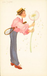 Junger Mann mit Tennisschläger bläst große Pusteblume von Adelaide Marchi