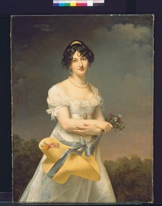 Porträt von Amélie-Justine Laidin de la Bouterie, geb. Pontois, mit einem Hut voller Blumen von Adele Romany