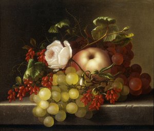 Stillleben mit Pfirsich, Trauben und Hagebutten, 1865