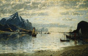 Eine Fjordszene mit Segelschiffen