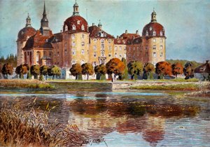 Ansicht des Schlosses Moritzburg. Drucke von Adolphe Nother (19. Jahrhundert) Paris, dekorative Künste