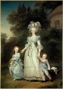 Ganzkörperporträt der Königin von Frankreich Marie Antoinette (1754-1793) mit Marie Therese oder Madame Royale (1778-1851) und dem ersten Dauphin Louis Joseph Xavier Francois oder Louis de France (1781-1789) im Garten des Trianon