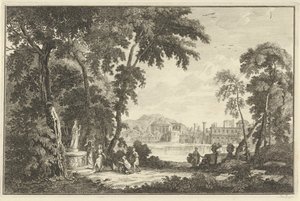 Arkadische Flusslandschaft mit Figuren, die eine Statue anbeten von Adolf van der Laan