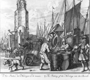 Das Verpacken der Heringe in die Fässer (Nr.12 aus der Serie Heringfang) von Adolf van der Laan