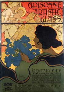 Werbeplakat für Cloisonné-Glas mit einer Krippenszene