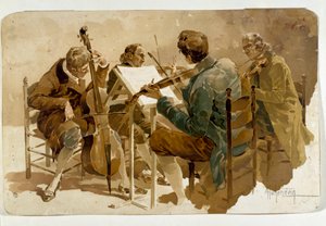 Vier Musiker Drei Geiger und ein Cellist. Plakat von Adolfo Hohenstein (1854-1928) Dim. 293x454 cm Private Sammlung von Adolfo Hohenstein