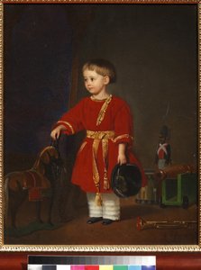 Porträt eines Jungen in einem roten Kleid mit Militärspielzeug von Adolph Gebens