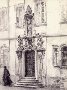 Ein Mann steigt die Treppe eines Gebäudes mit barockem Portal hinunter, 1884 von Adolph Menzel
