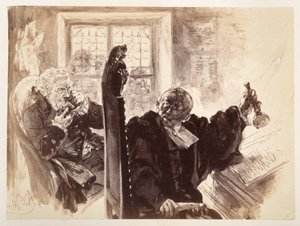 Adam, im Richterstuhl sitzend, schwingt die Schelle, rechts hinter ihm sitzt der Gerichtsrat und nimmt eine Prise, zu Heinrich von Kleist "Der zerbrochene Krug" von Adolph Menzel