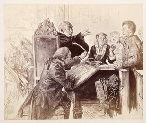 Adam redet während der Verhandlung auf Veit ein, vorn sitzt der Schreiber Licht und tunkt die Feder ein, rechts hinten der Gerichtsrat, im Begriff zu niesen, zu Heinrich von Kleist "Der zerbrochene Krug"