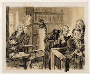 Adam spricht heimlich zu Eva. Licht hört zu. Der Gerichtsrat ruft Adam auf den Richterstuhl zurück. zu Heinrich von Kleist, Der zerbrochene Krug von Adolph Menzel