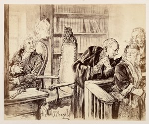 Adam spricht heimlich zu Eva. Licht hört zu. Der Gerichtsrat ruft Adam auf den Richterstuhl zurück, zu Heinrich von Kleists „Der zerbrochene Krug“ von Adolph Menzel