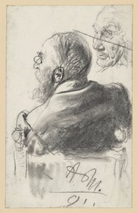 Bärtiger Mann mit Zwicker im Lehnstuhl sitzend, Rückenansicht, Gesicht eines alten Mannes von Adolph Menzel