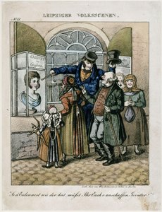 Bauern vor der Wachsbüste eines Friseurs. Aus: Leipziger Volksszenen von Adolph Menzel