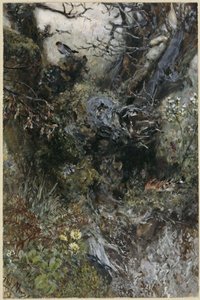 Baumstumpf mit Rotkehlchen und Wiedehopf. Aus dem "Kinderalbum" von Adolph Menzel