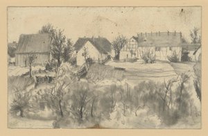 Blick auf Scheunen und Bauernhäuser, im Vordergrund niedrige Bäume und Buschwerk von Adolph Menzel