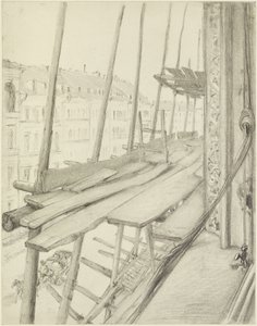 Blick aus dem Fenster auf ein Baugerüst und die Straße von Adolph Menzel