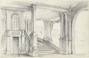 Blick durch den Stadtpavillon auf die südöstliche Bogengalerie im Zwinger in Dresden