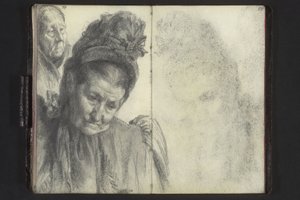 Brustbild einer alten Frau mit Hut, Frauenkopf mit Umschlagtuch von Adolph Menzel
