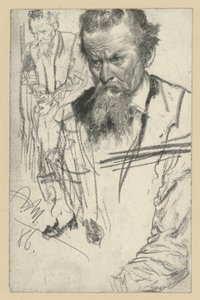 Brustbild eines Mannes mit Knebelbart, etwas nach links geneigt, links: ein stehender Mann, nach links, rechts: Ärmelstudie von Adolph Menzel