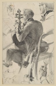 Cellospieler nach links, halb vom Rücken gesehen. Kopf- und Handstudien. Vorstudie zum Gemälde „Flötenkonzert Friedrichs des Großen in Sanssouci“ von Adolph Menzel