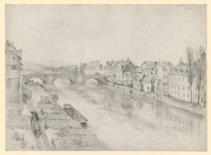 Die Fulda in Kassel. Flusslandschaft mit Brücke und Häusern von Adolph Menzel