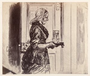Die Magd tritt mit dem von Adam bestellten Glas Wasser in das Gerichtszimmer, zu Heinrich von Kleist "Der zerbrochene Krug" von Adolph Menzel