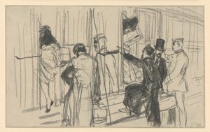 Einsteigende Eisenbahnreisende und Schaffner. Bahnsteigszene von Adolph Menzel