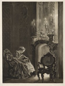 Essay über Stein mit Pinsel und Schaber: Frau liest am Kamin, 1851 von Adolph Menzel