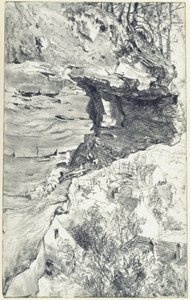 Felsüberhang mit Dorf im Hintergrund von Adolph Menzel
