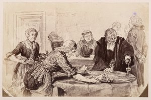 Frühstückspause. Die Mägde decken den Tisch, Adam schenkt ein. Links geht der Gerichtsrat ungeduldig auf und ab, zu Heinrich von Kleist "Der zerbrochene Krug" von Adolph Menzel