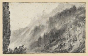 Gebirgslandschaft mit wabernden Nebeln, links aufragende Felswand von Adolph Menzel