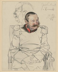 Generallieutenant von Kumowski, Kniestück, en face sitzend, Kopf vorgeneigt nach links, l.: Kopfstudie im Profil nach links, Porträtstudie zu "Die Krönung Wilhelms I. in Königsberg" von Adolph Menzel
