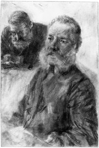 Halbfigur eines bärtigen Mannes, im Hintergrund ein weiteres Brustbild eines bärtigen Mannes, den Blick gesenkt von Adolph Menzel
