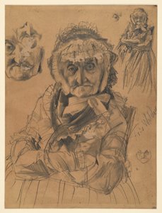 Halbfigur sitzend en face; oben rechts: Kniestück und Auge; links: zwei Gesichtsstudien; unten rechts: kleine Gesichtsstudie; bez. Fr. v. Waldow. Vorstudie zum Gemälde „Flötenkonzert Friedrichs des Großen in Sanssouci“ von Adolph Menzel