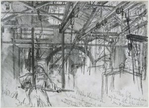 Halle im Walzwerk Königshütte. Studie zum "Eisenwalzwerk. Moderne Zyklopen" von Adolph Menzel