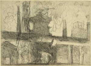 Hochofen, Schornsteine, Leitungsrohr in Königshütte von Adolph Menzel