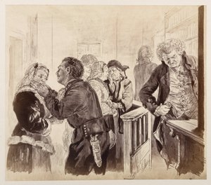 Im Gerichtszimmer nach Adams Flucht. Der Gerichtsrat sieht nach der Uhr. Eve und Ruprecht versöhnen sich, zu Heinrich von Kleist "Der zerbrochene Krug"