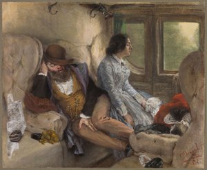 In einem Eisenbahnwagen (Nach einer Nachtfahrt) von Adolph Menzel