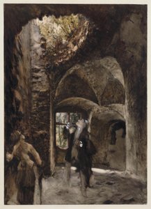 In der Ruine, ein Herr und eine Dame stehen auf einem Treppenabsatz und blicken zu einem großen Loch im Gewölbe empor von Adolph Menzel