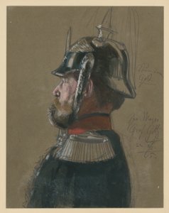 Karl Friedrich Graf von Goltz, Generalmajor, Brustbild mit Helm und Degen, Profil nach links, Porträtstudie zu „Die Krönung Wilhelms I. in Königsberg“ von Adolph Menzel