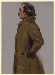 Kniestück, Studie zu dem Gemälde "Predigt in der Klosterkirche", Profildarstellung eines barhäuptigen Mannes in mittleren Jahren nach links von Adolph Menzel