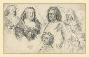Königin Sophie Dorothea von Preußen, Kaiserin Elisabeth von Russland, König August II. von Polen, König August III. von Polen, Ludwig XV. von Frankreich von Adolph Menzel