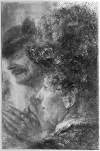 Kopf einer Dame mit Hut und Brustbild eines lachenden Mannes mit rundem Hut von Adolph Menzel