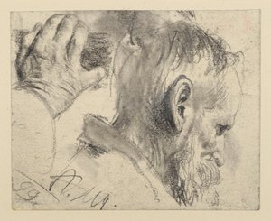 Kopf eines bärtigen Mannes, etwas gesenkt, nach rechts und rechte Hand von Adolph Menzel