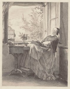 Am Fenster schlafende Näherin (Emilia, Menzels Schwester, die spätere Frau Krigar). von Adolph Menzel