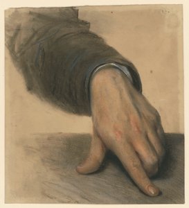 Linke Hand mit Unterarm im Ärmel, Daumen und Zeigefinger auf eine Fläche ausgestreckt von Adolph Menzel